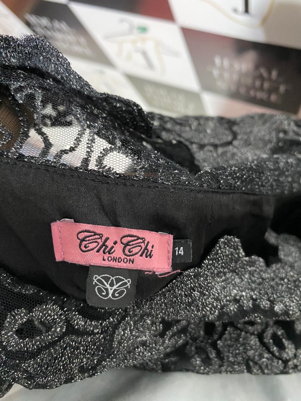 CHI CHI |L| BUST 18| B28| BLACK METALLIC SILVER LACE PARTY DRESS