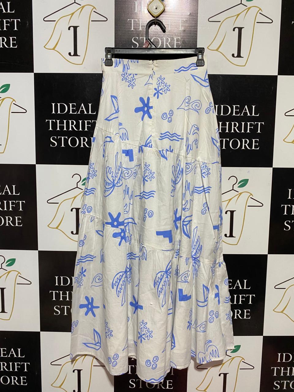 ANGEL BIBO |XS| WAIST 24| B27| WHITE AND BLUE ABSTRACT DOODLE PRINT TIERED MAXI SKIRT WITH WAIST TIE