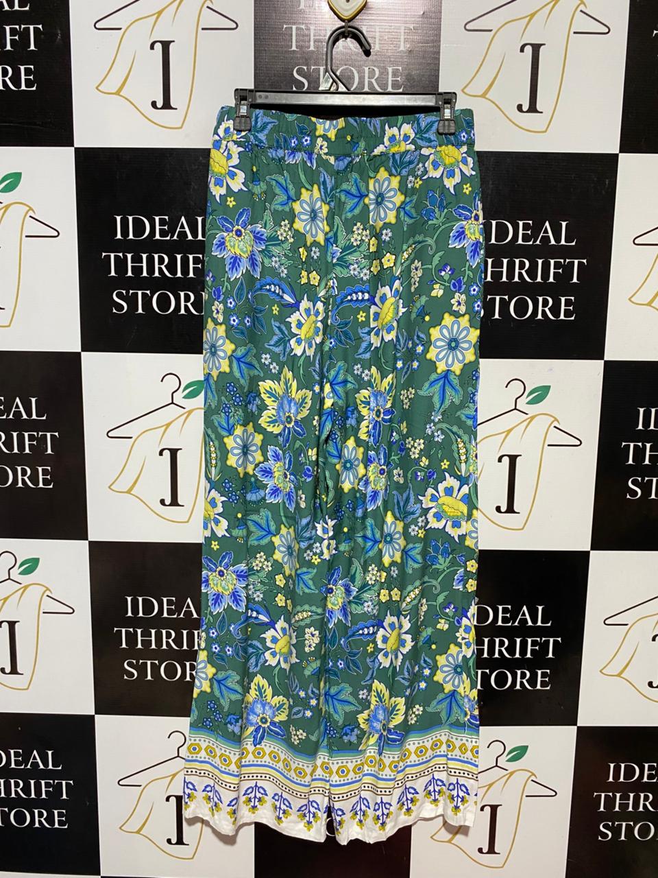 SUSSAN |M| WAIST 28| B27| GREEN BOHEMIAN FLORAL PRINT WIDE LEG PALAZZO PANTS WITH BORDER HEM