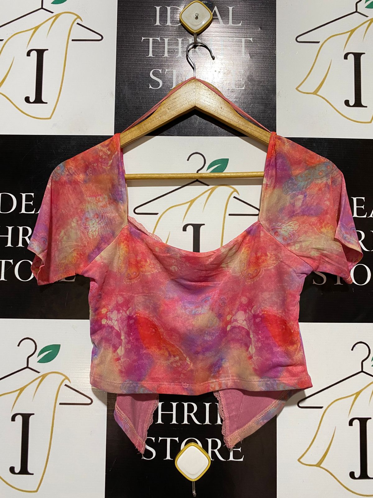 GLASSONS |M| BUST 16| B29| VINTAGE WOMEN'S TIE-DYE LACE-TRIM ASYMMETRICAL CROP TOP