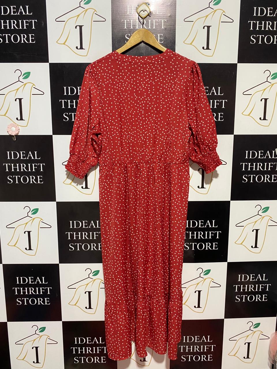 SHEIN |XL| BUST 21| B28| RED POLKA DOT V-NECK MIDI DRESS WITH SMOCKED CUFFS