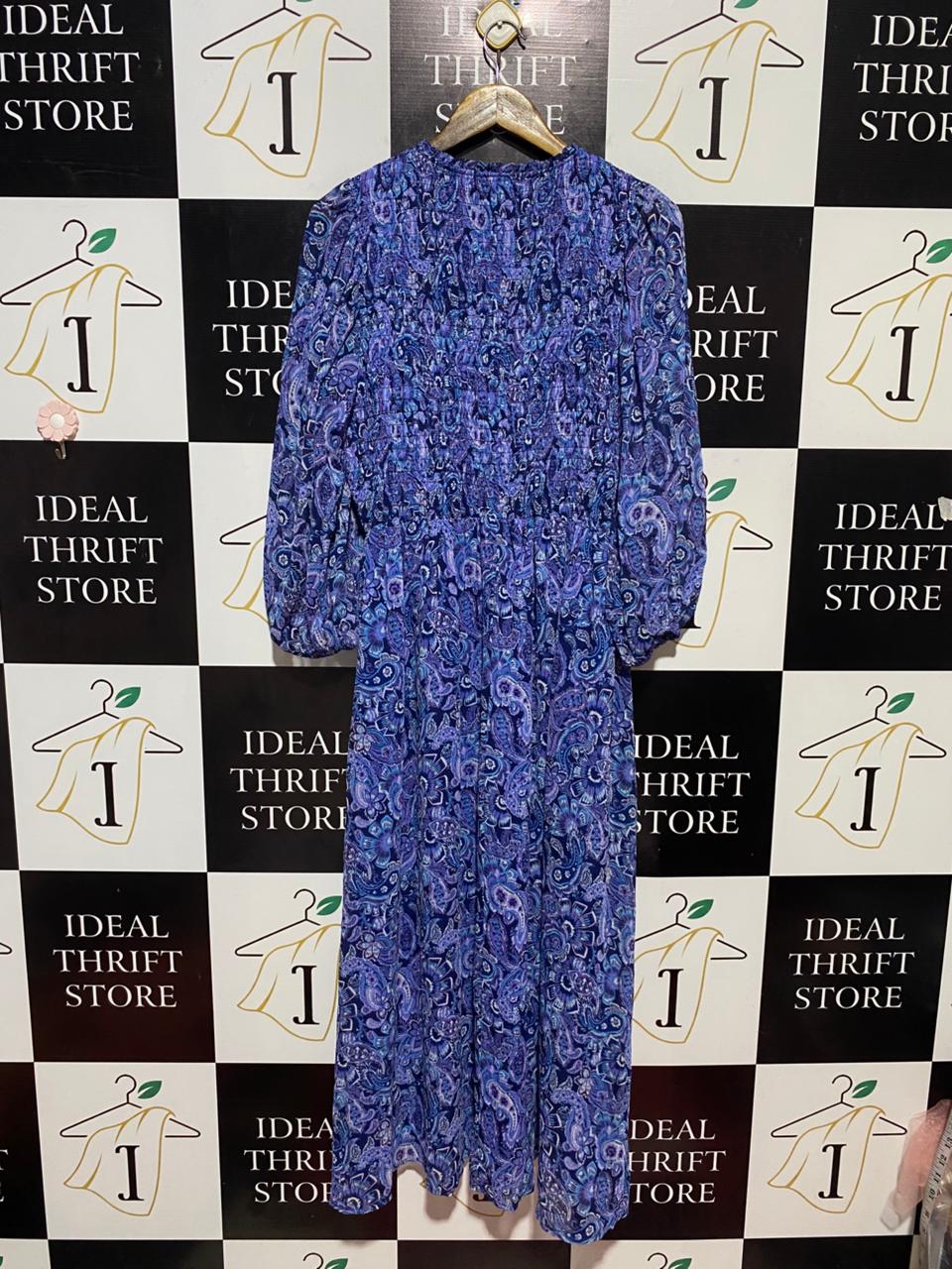 BASQUE |L| BUST 19| B28|BLUE PAISLEY PRINT SMOCKED LONG MAXI DRESS