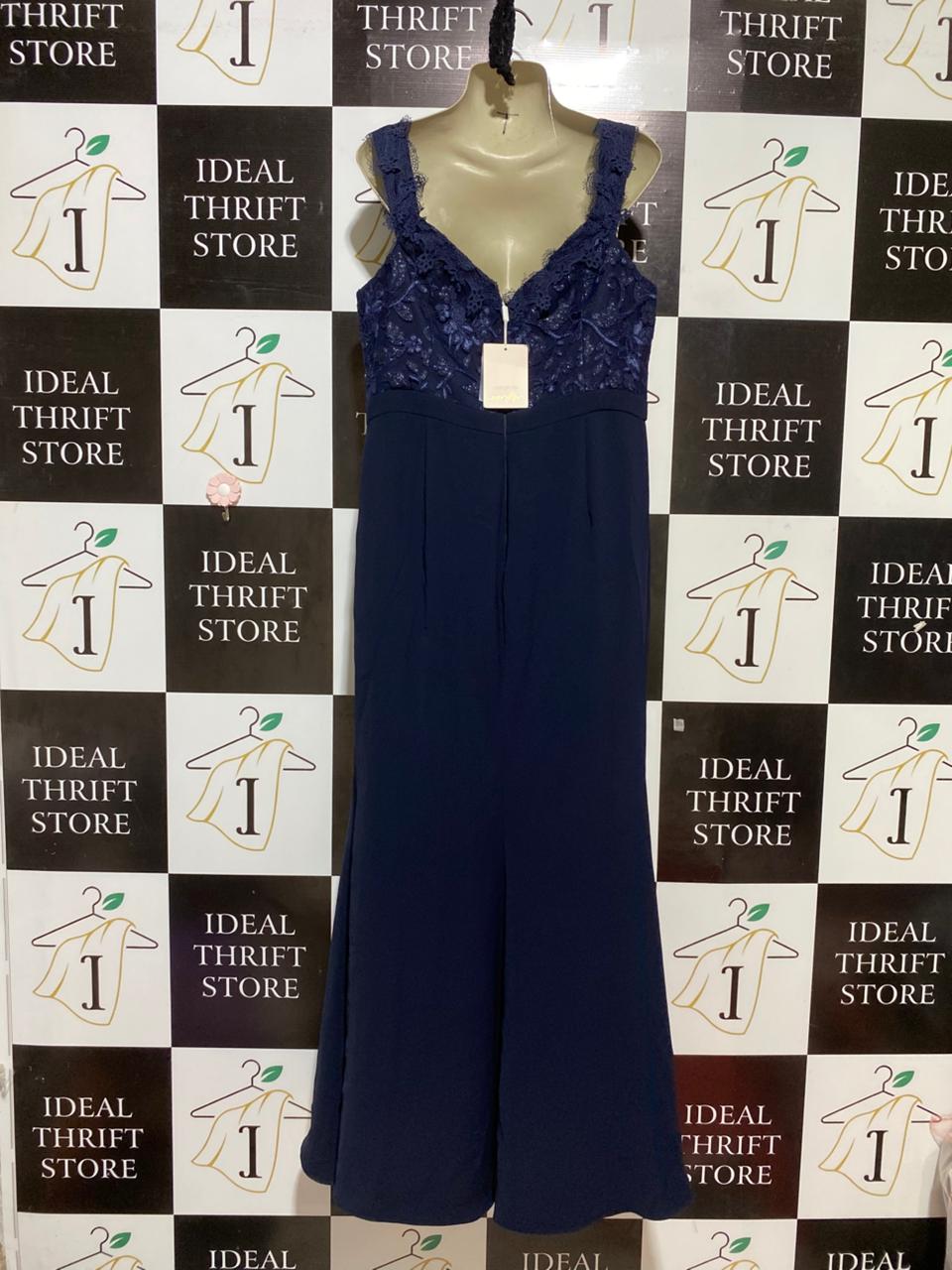FOREVER NEW |L| BUST 19| B28| PREMIUM NAVY BLUE EMBROIDERED LACE EVENING LONG MAXI DRESS WITH FRONT SLIT