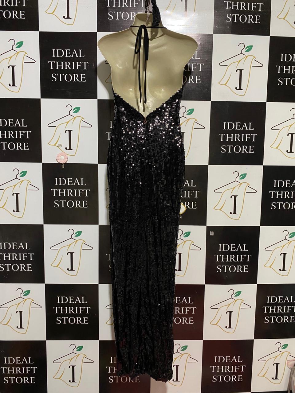 NOOKIE |S| BUST 16| B28| PREMIUM BLACK COWL-NECK BACKLESS SHIMMER SEQUIN EVENING LONG MAXI DRESS