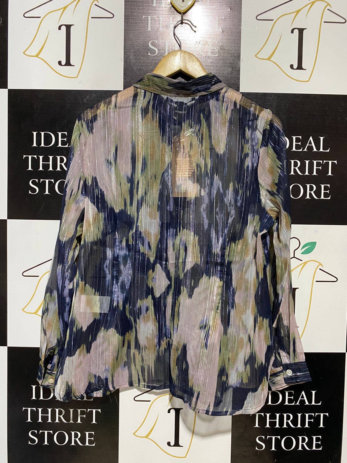 LIZ JORDAN |M| BUST 21| B29| METALLIC VERTICAL STRIPE ABSTRACT BUTTON-DOWN BLOUSE