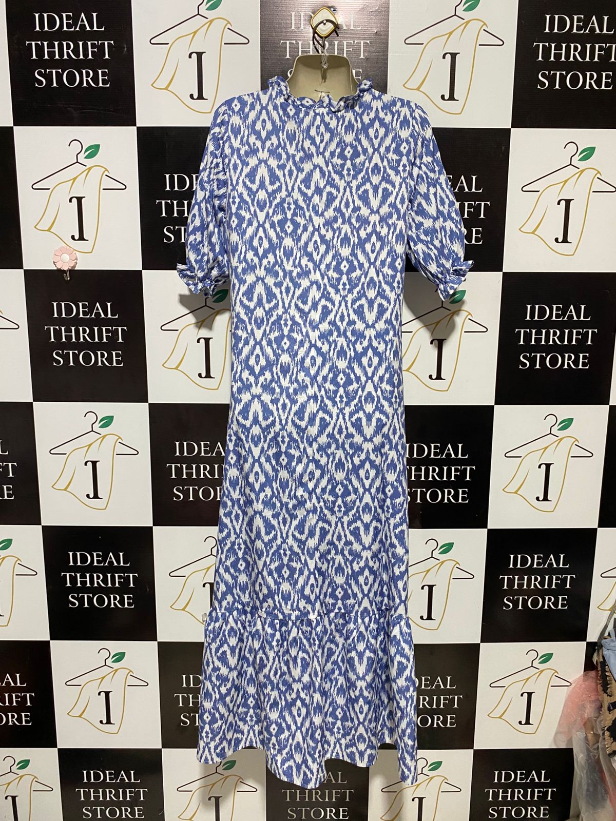 |M| BUST 18| B29| PREMIUM BLUE & WHITE IKAT PRINT MAXI DRESS WITH TASSEL TIES