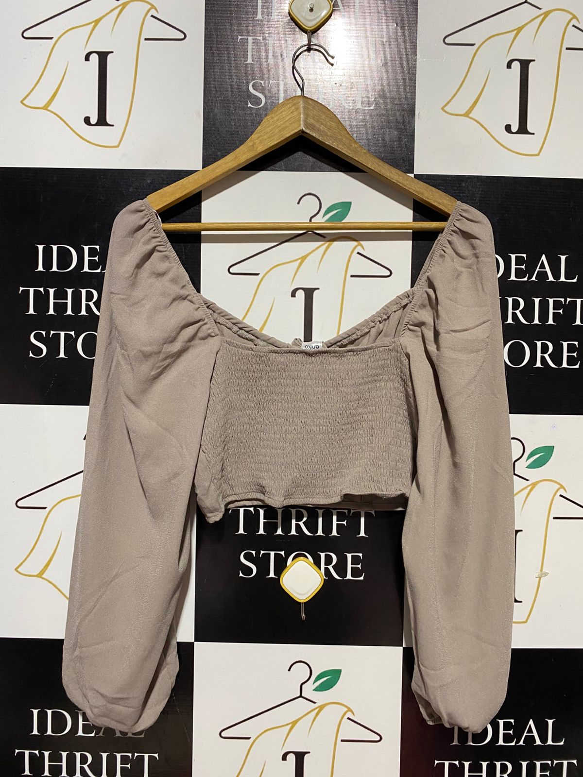 ANKO |S| BUST 14| B29| DESIGN NUDE BEIGE LONG BLOUSE CROP TOP WITH PUFF SLEEVES