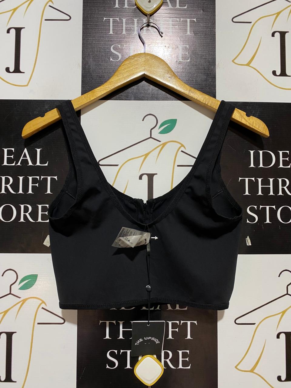 THE UPSIDE |XS| BUST 14| B29| PREMIUM BLACK ZIP-FRONT CROP TOP WORKOUT SPORTS BRA WITH WHITE STITCHING