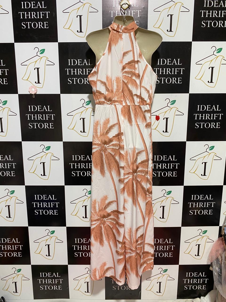 SHEIN CURVE |XL| BUST 21| B30| PREMIUM TROPICAL PALM PRINT HALTER-NECK JUMPSUIT WITH TIE-COLLAR