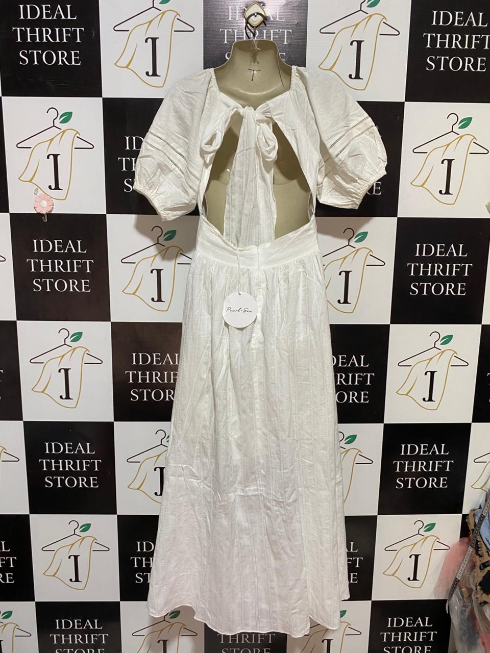 PEARL SEA |S| BUST 15| B30| WHITE PLUNGE V-NECK BUTTON-DOWN MAXI DRESS