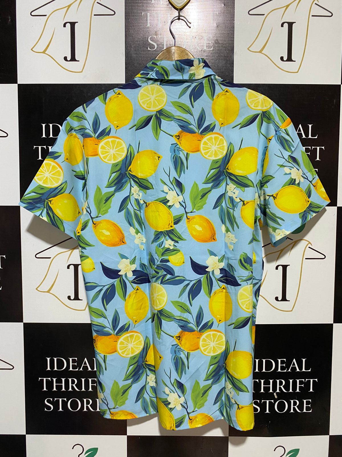 |L| BUST 23| B31| VIBRANT SKY BLUE LEMON PRINT SHORT SLEEVE BUTTON