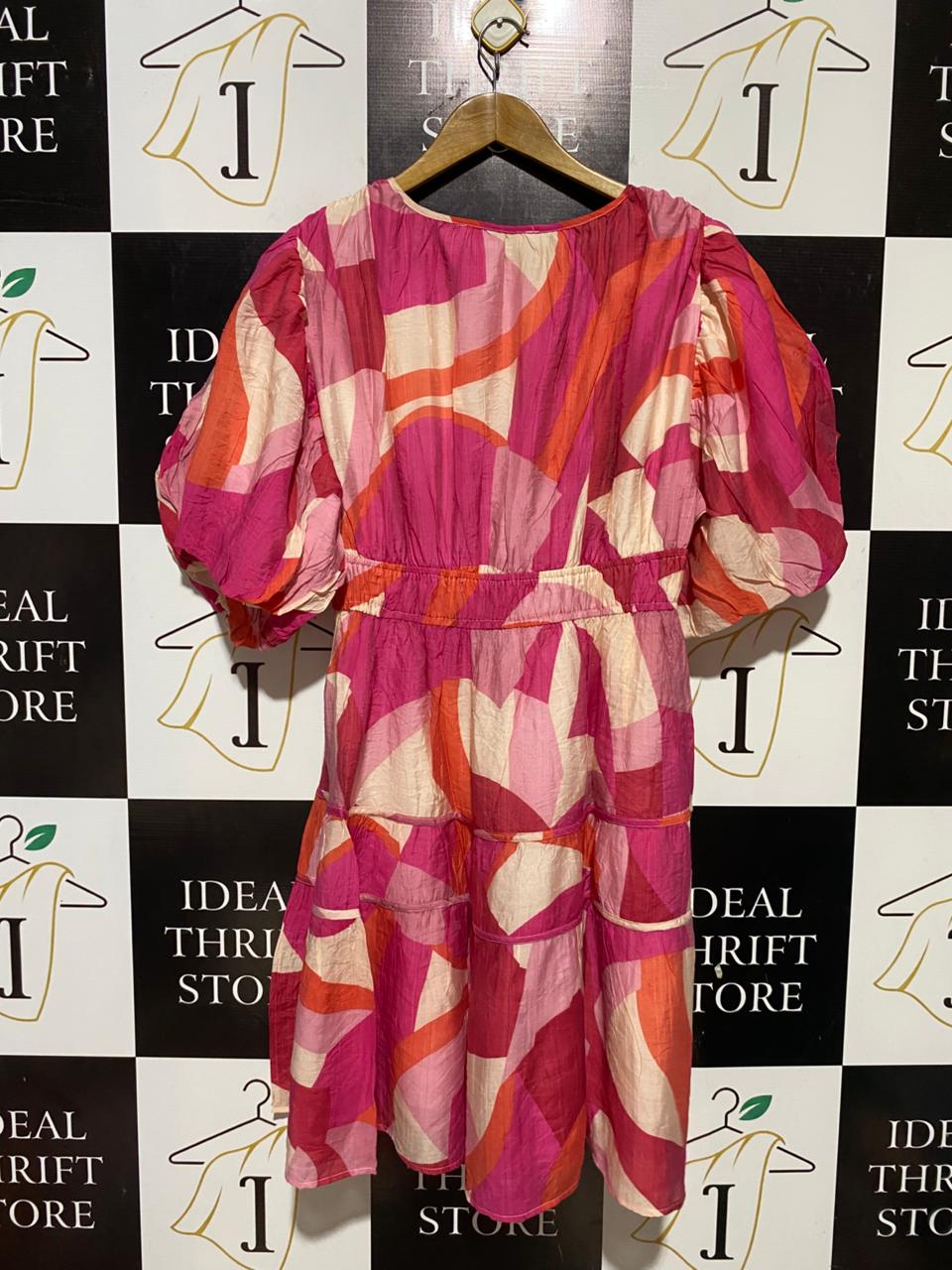 VINE APPAREL |L| BUST 19| B31| PINK ABSTRACT PUFF SLEEVE MINI DRESS