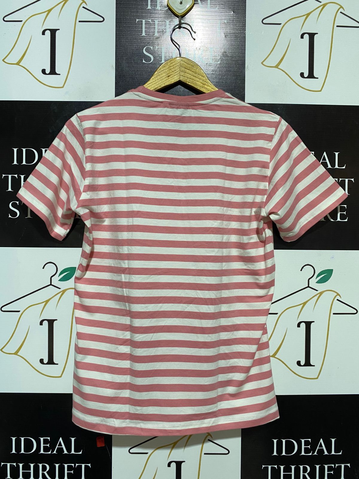 TOMMY HILFIGER |L| BUST 19| B32| DUSTY PINK & WHITE STRIPED EMBROIDERED LOGO TEE