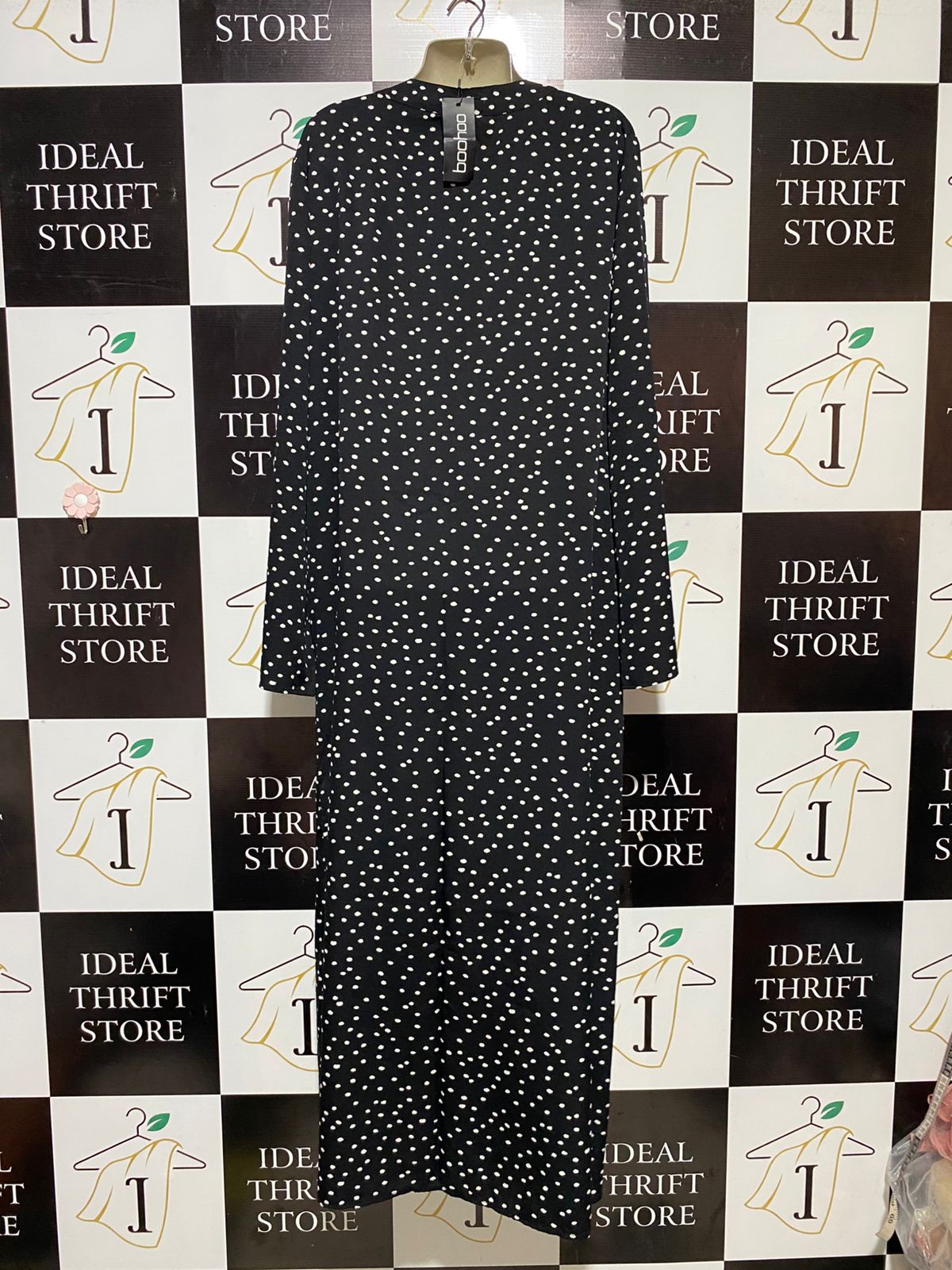 BOOHOO |XL| BUST FREE| B32| JET BLACK & WHITE POLKA DOT LONGUELINE OPEN-FRONT CARDIGAN KIMONO DUSTER