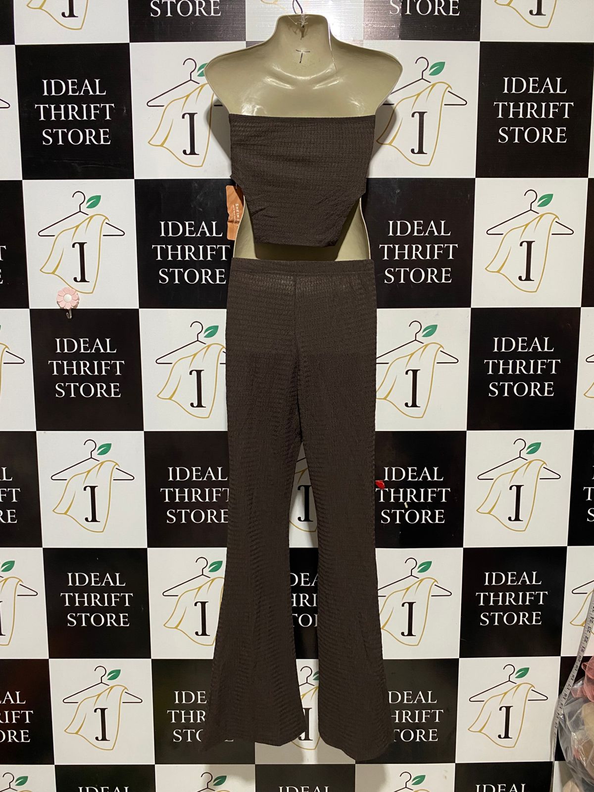SHEIN |XS| B32| CHIC BROWN TWO-PIECE RIBBED CO-ORD SET - STRAUBLESS TOP & FLARED PANTS