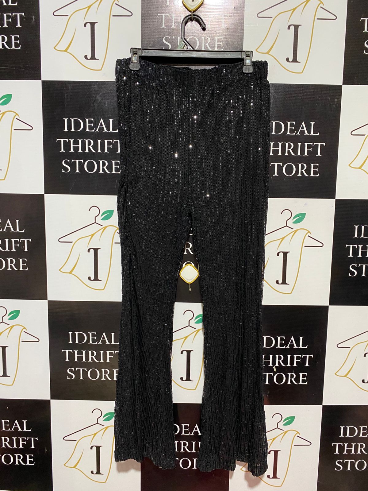|L| WAIST 30| B32| BLACK SHIMMERING SEQUIN WIDE-LEG FLARED PANTS