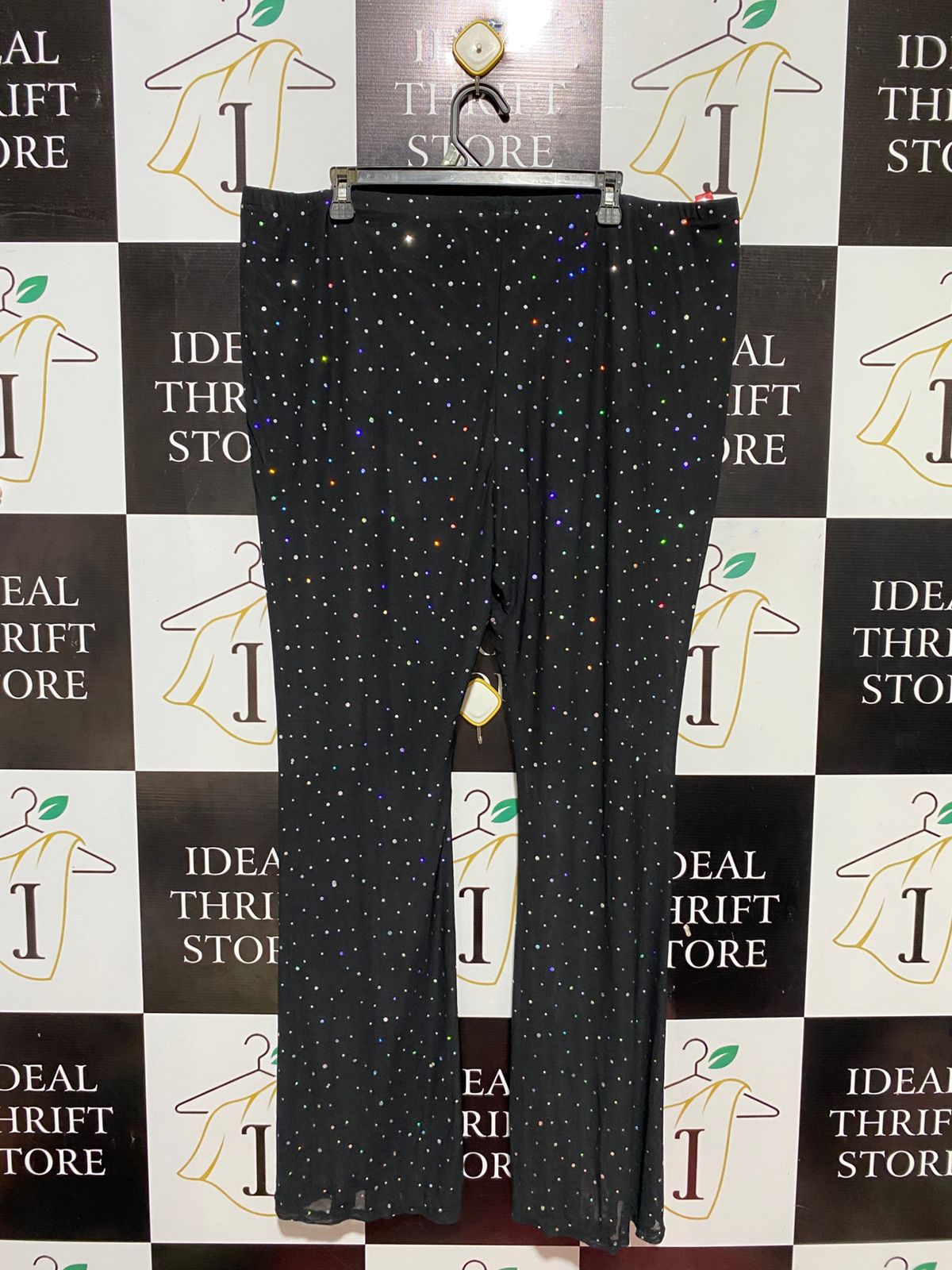 SHEIN |XXXL| WAIST 42| B32| BLACK FLARED TROUSERS WITH MULTICOLOR GLITTER RHINESTONES