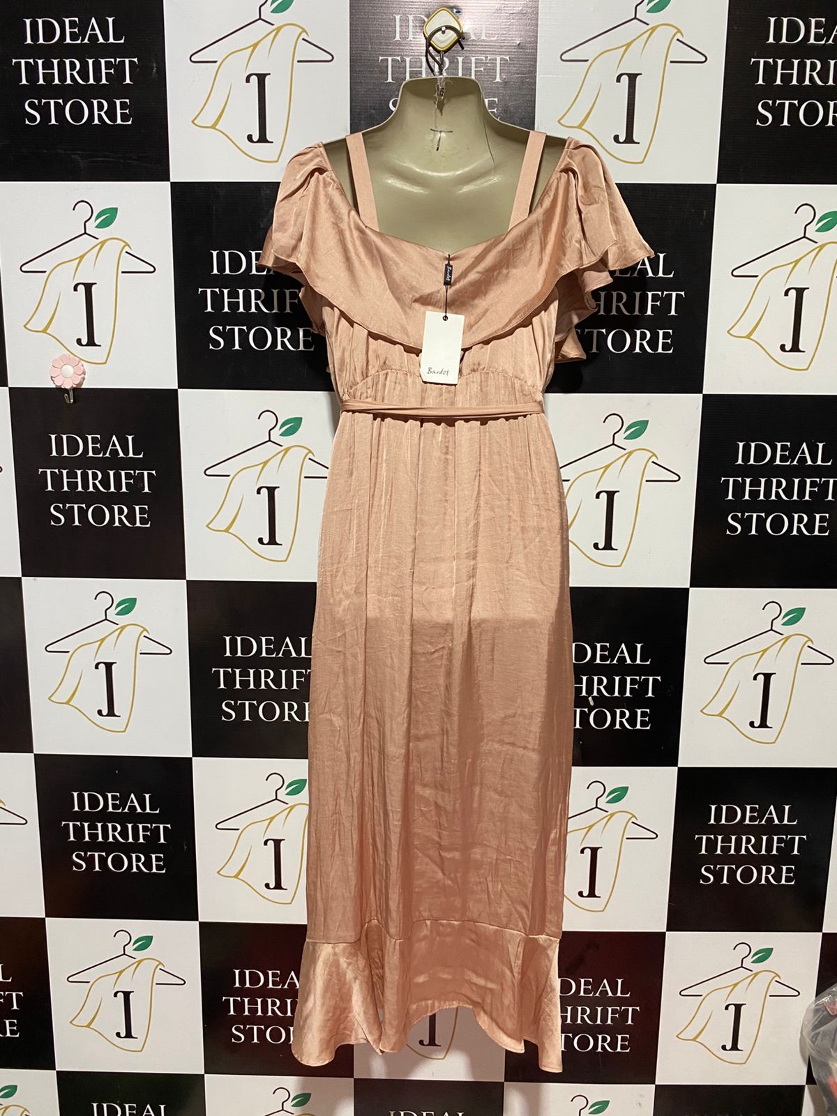 BARDOT |M| BUST 17| B32| ELEGANT ROSE GOLD SATIN RUFFLED COLD-SHOULDER MAXI DRESS
