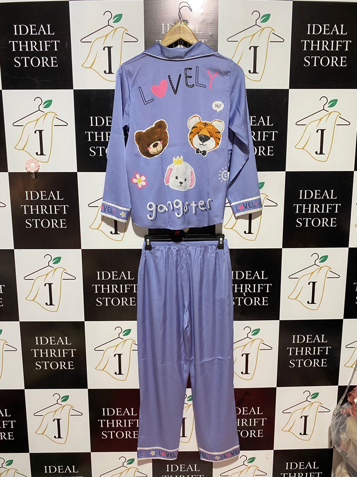 BOOBOO |M| B32| CUTE PURPLE SATIN CARTOON GRAPHIC NIGHTWEAR PAJAMA SET