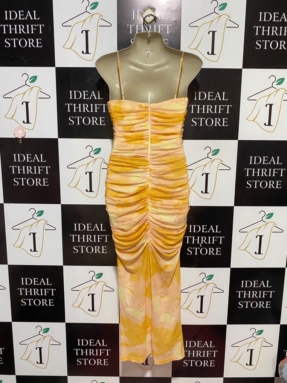 SAINTS & SECRETS |S| BUST 15| B33| YELLOW FLORAL PRINT RUFFLED MESH RUCHED BODYCON MAXI DRESS