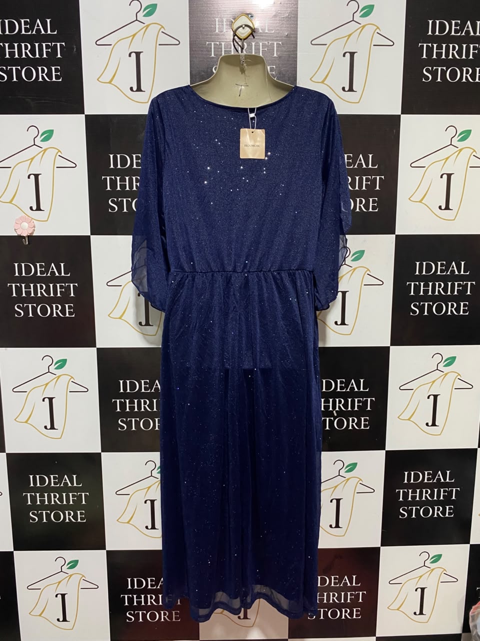 BLOOMCHIC |M| BUST 18| B33| COBALT BLUE SHIMMER GLITTER V-NECK EMPIRE WAIST GOWN MAXI DRESS