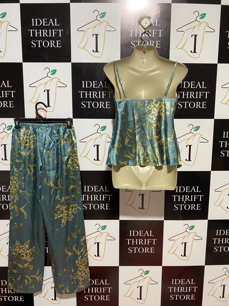|S| B33| LUXURIOUS SEA GREEN SILK SATIN CAMI TOP AND FLORAL TROUSER TWO-PIECE LOUNGEWEAR SET