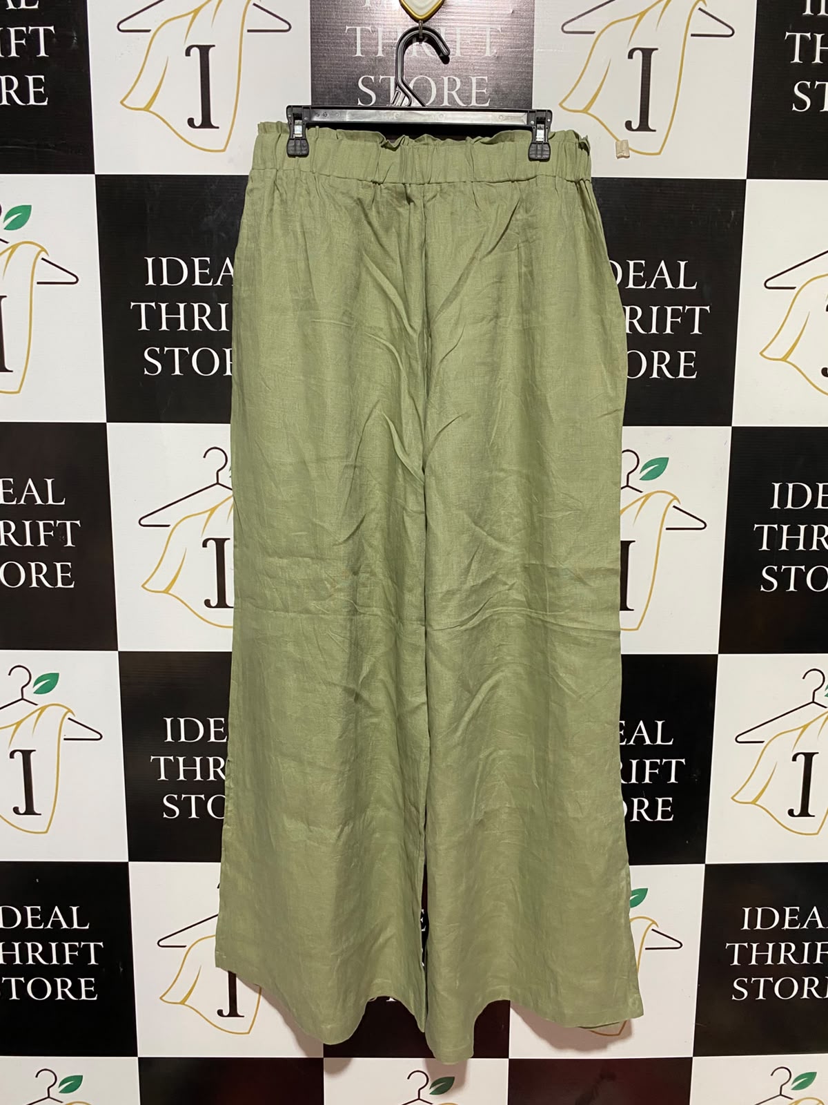 EB & IVE |XL| WAIST 31| B33| OLIVE GREEN LINEN WIDE LEG TROUSERS
