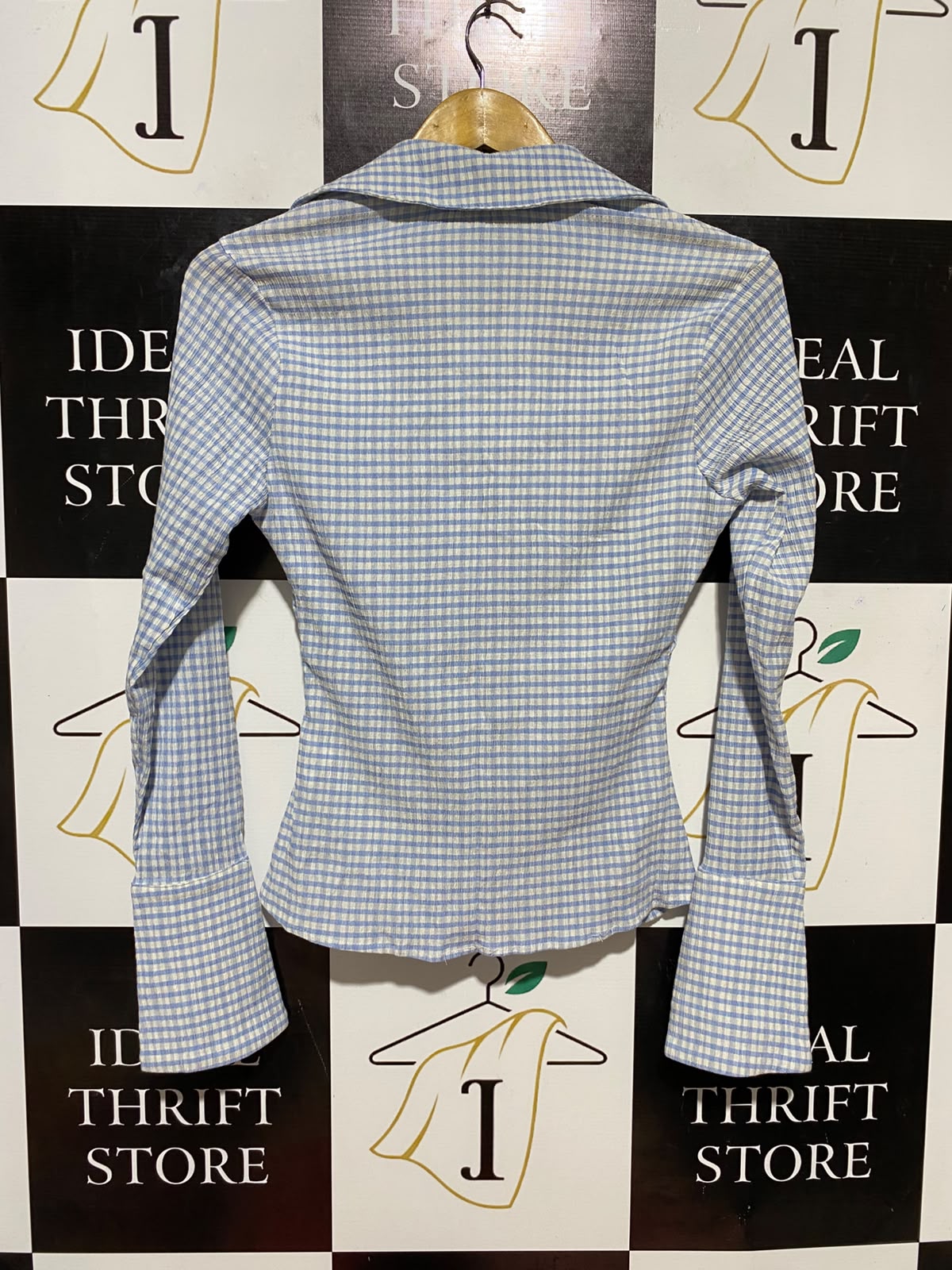 DAZIE |S| BUST 16| B38| BLUE GINGHAM TIE-FRONT BLOUSE WITH FLARED CUFFS
