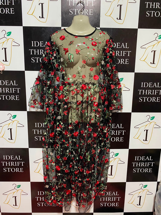 |L| BUST 22| B34| FLORAL EMBROIDERED BLACK MESH MAXI DRESS OVERLAY WITH BELL SLEEVES