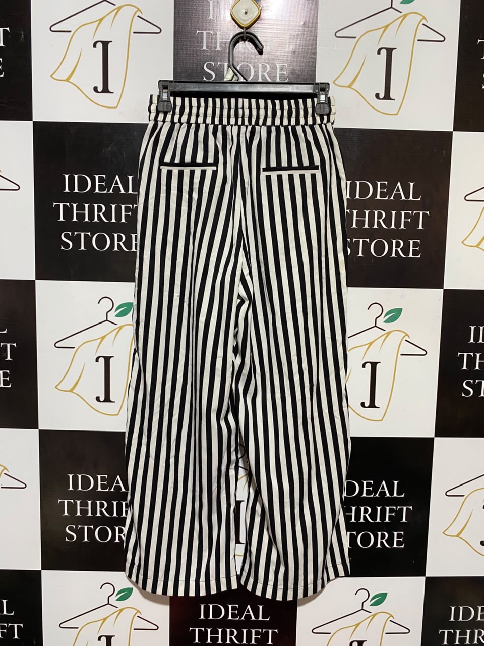 INSHOP |M| WAIST 26| B34| BLACK AND WHITE STRIPED WIDE-LEG CASUAL TROUSERS WITH ELASTIC DRAWSTRING WAIST