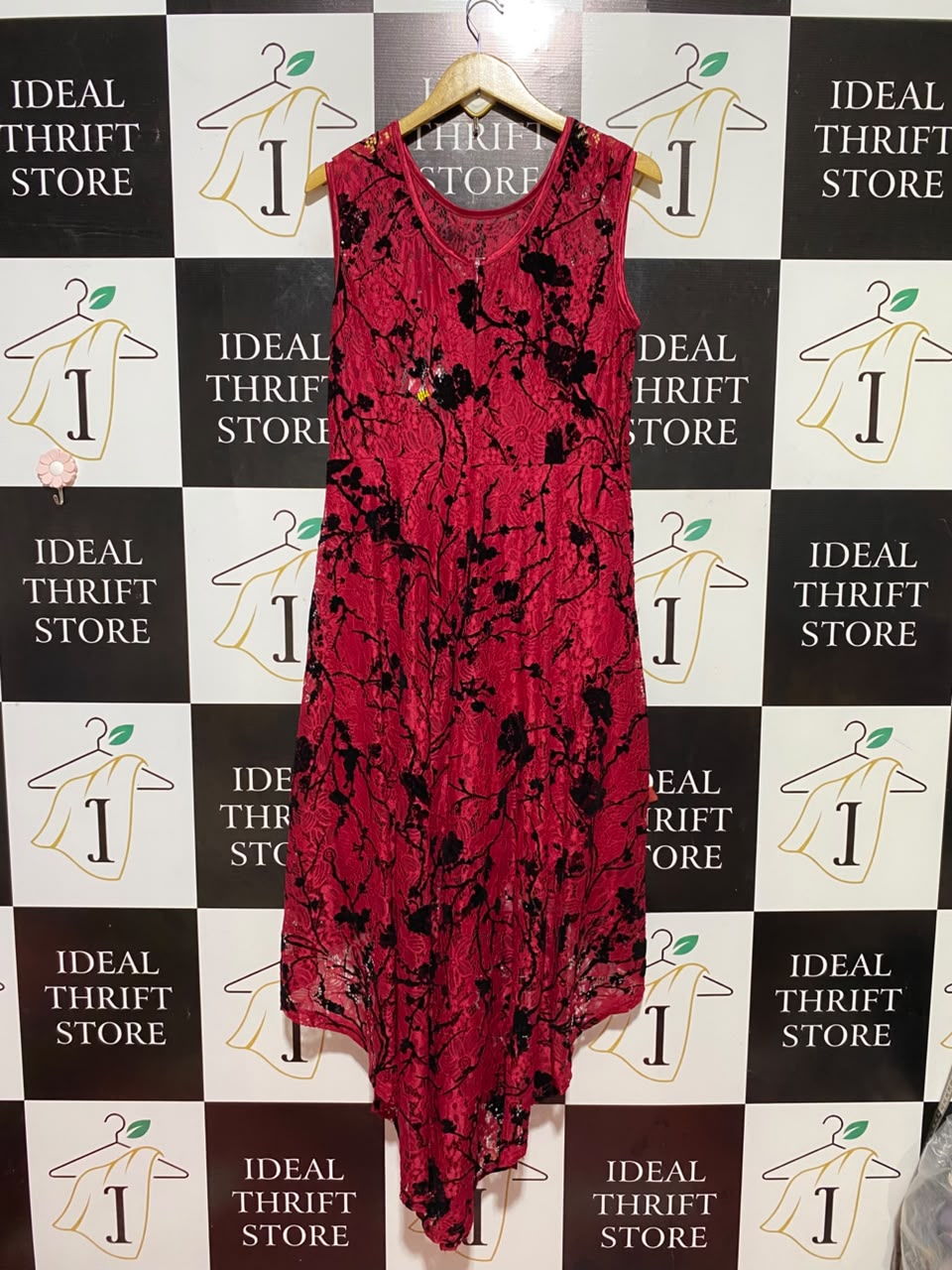 CAROLINE MORGAN |M| BUST 18| B35| WOMEN'S RED FLORAL LACE HIGH-LOW SLEEVELESS DRESS