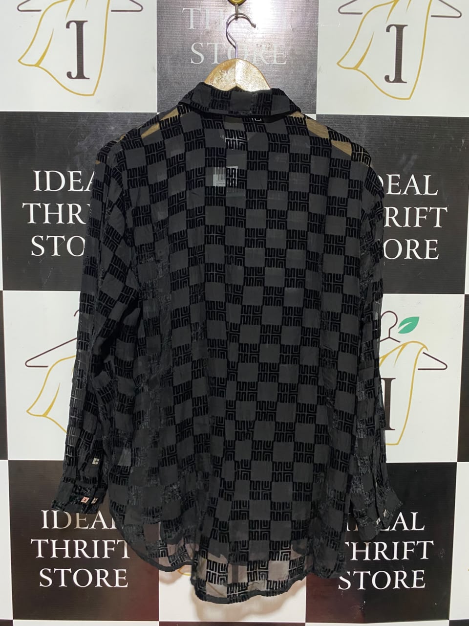 MUMN |S| BUST | B35| LUXURY BRAND BLACK GEOMETRIC PATTERN SHEER LONG SLEEVE BUTTON-DOWN SHIRT