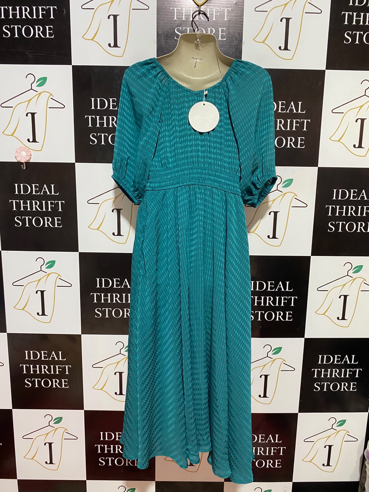 ESTHER & CO |XS| BUST 16| B35| WOMEN'S TEXTURED SMOCKED WAIST MAXI DRESS WITH PUFF SLEEVES IN TEAL GREEN