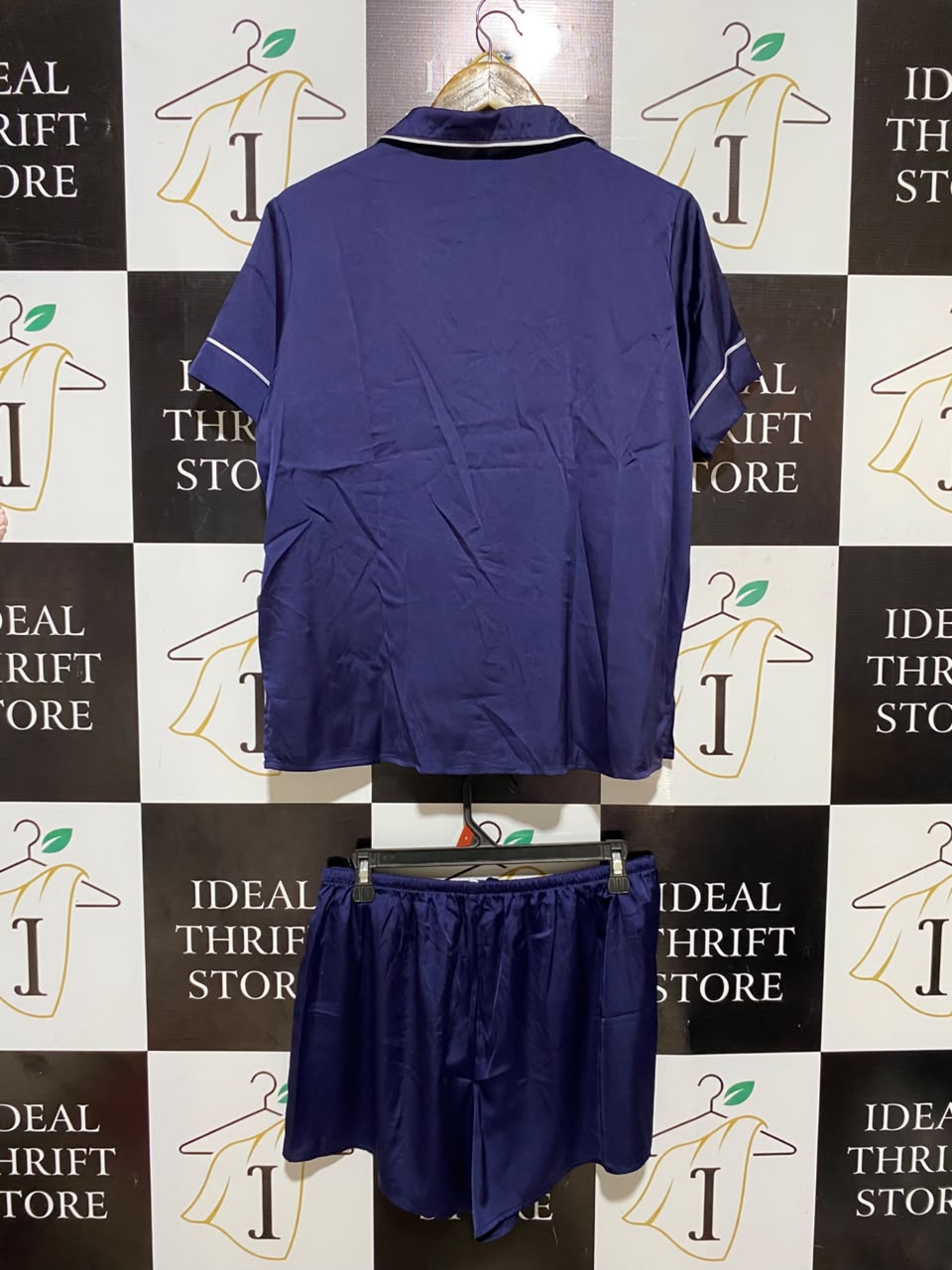 COTTON ON |M| B35| WOMEN'S NAVY BLUE SATIN 2-PIECE SHORT SLEEVE SHORT SET
