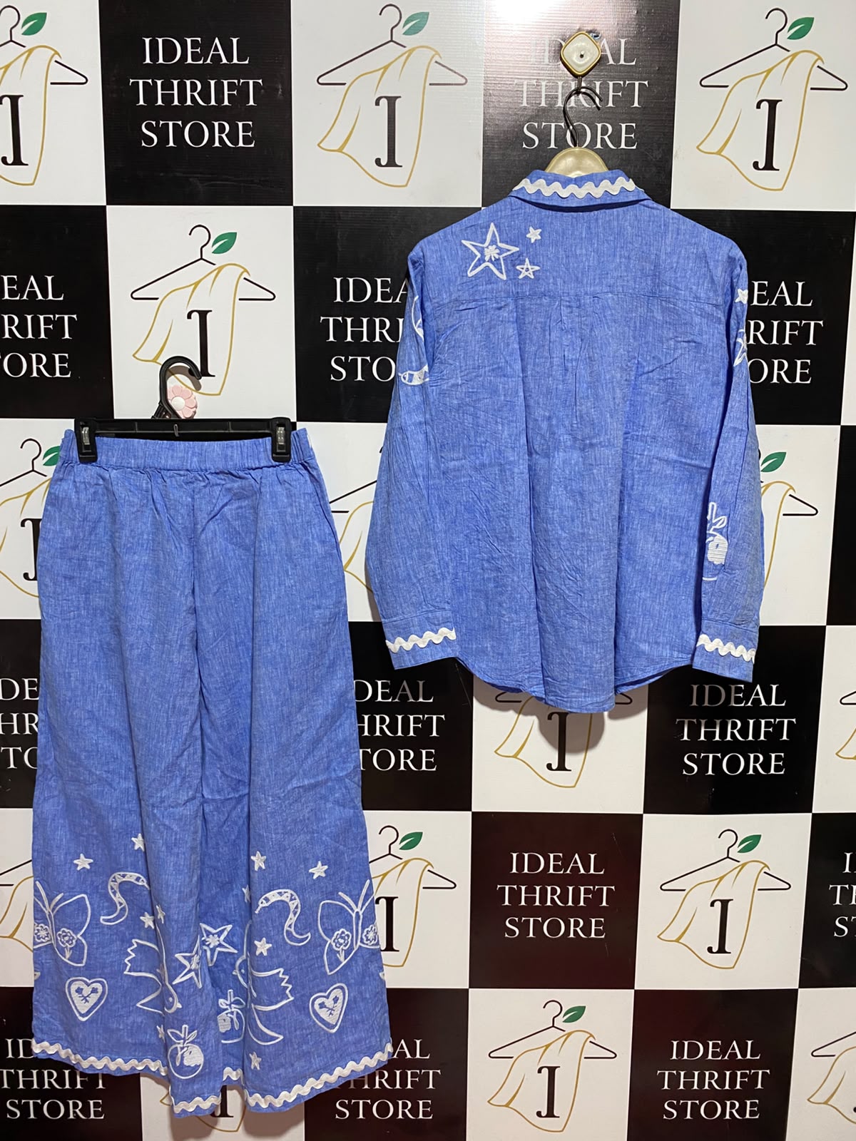 GORMAN |S| B36| LADIES BLUE EMBROIDERED 2-PIECE CO-ORD SET (BUTTON-DOWN SHIRT & WIDE-LEG PANTS)