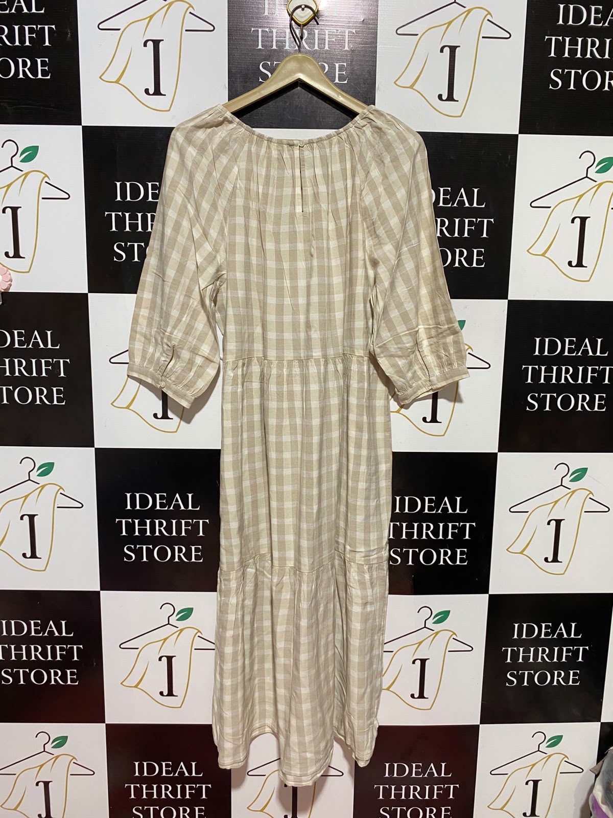 ANKO |L| BUST 20| B36| LADIES BEIGE GINGHAM CHECKERED MIDAXI DRESS