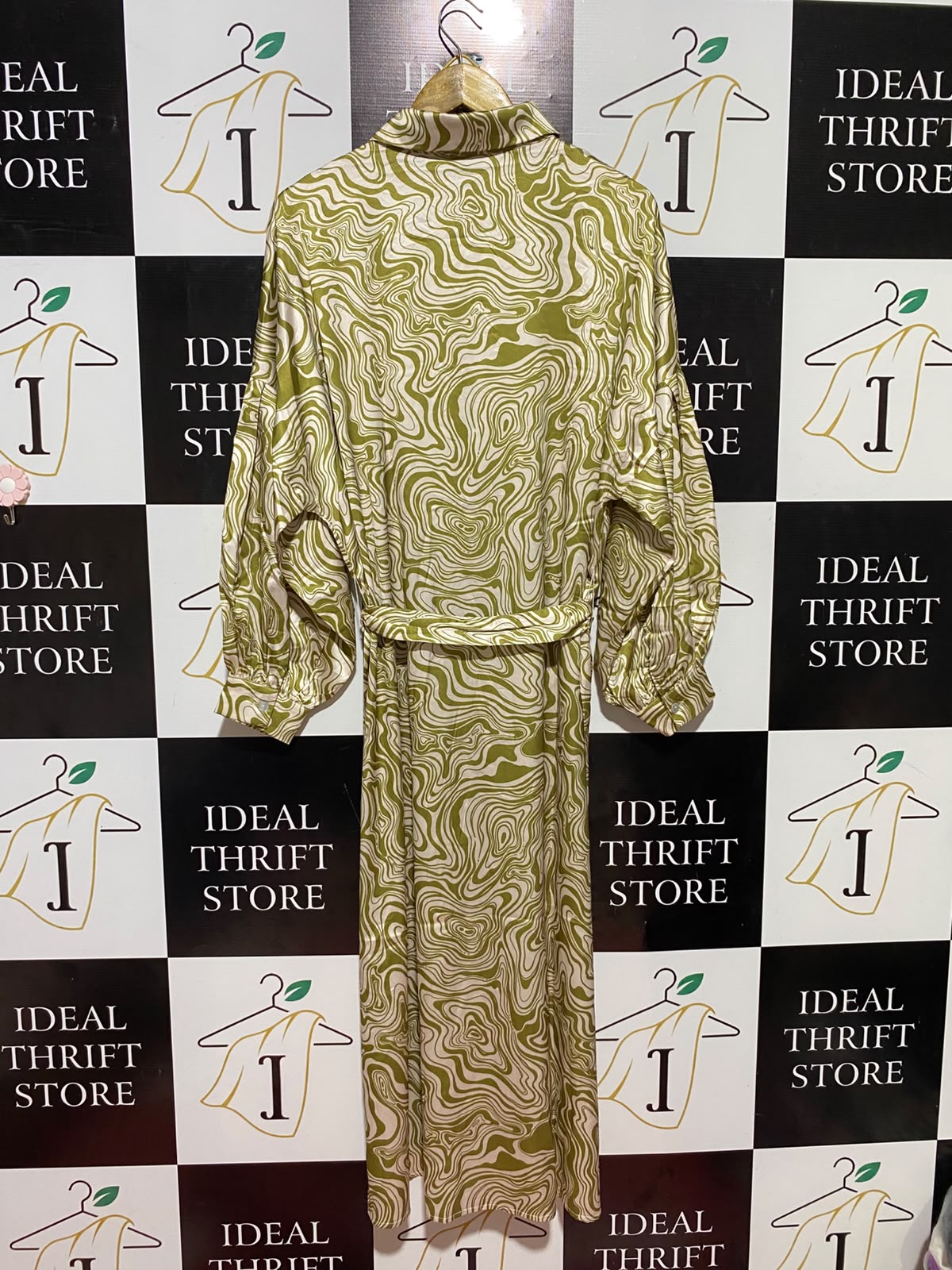 ST MRLO |L| BUST FREE| B36| OLIVE GREEN ABSTRACT MARBLE SHIRT DRESS WITH BELT