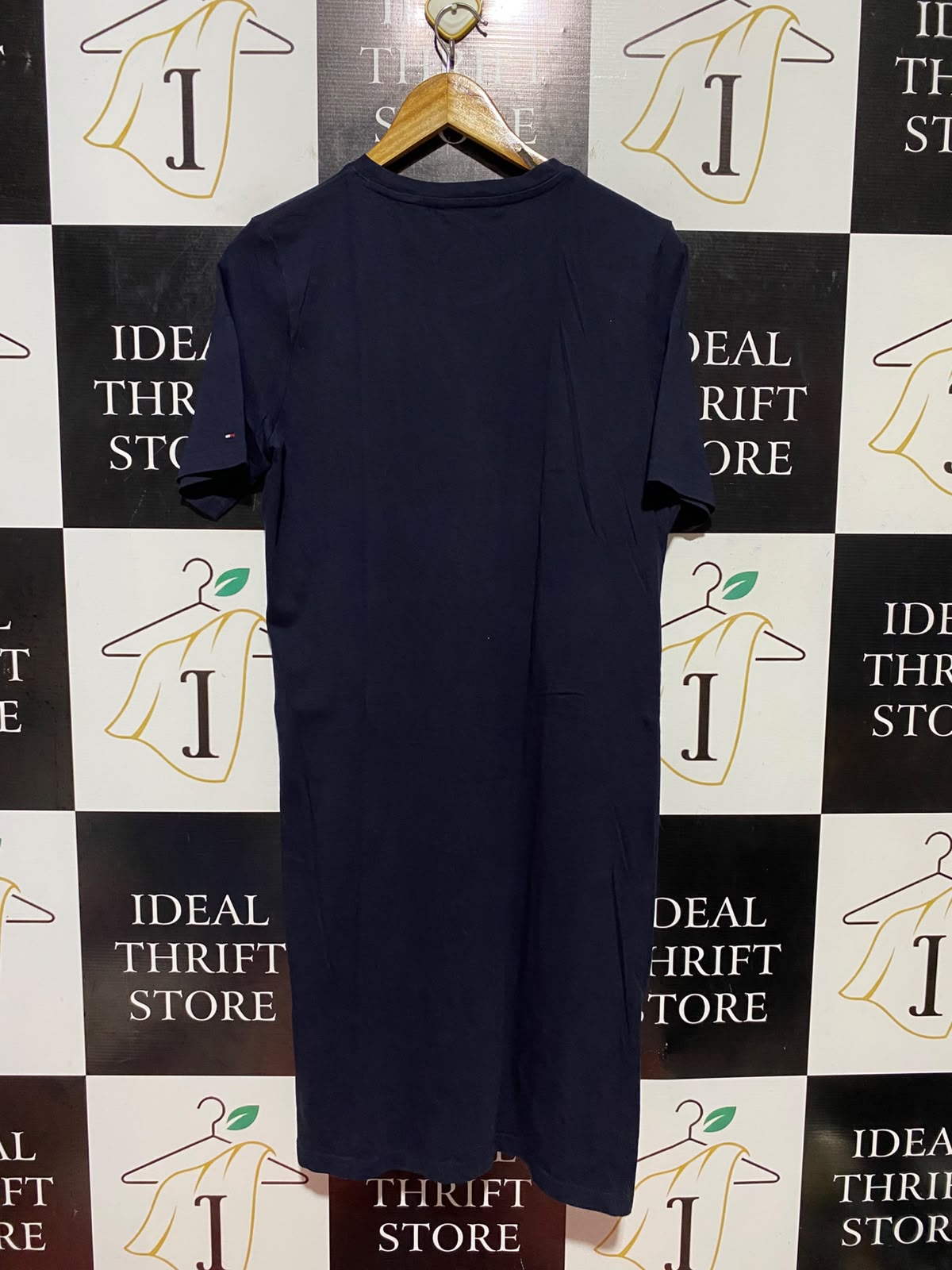 TOMMY HILFIGER |L| BUST 19| B37| NAVY BLUE T-SHIRT DRESS EMBROIDERED SCRIPT LOGO CASUAL SHORT SLEEVE MIDI TEE DRESS