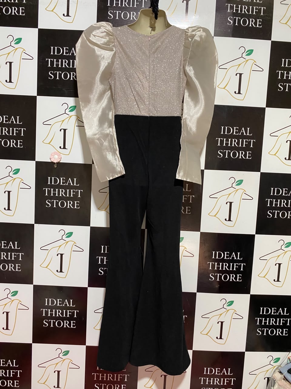 SHEIN |XS| BUST 15| B36| WOMEN'S ELEGANT TWO-TONE PARTY JUMPSUIT WITH GLITTER SHIMMER V-NECK BODICE AND SATIN PUFF LONG SLEEVES