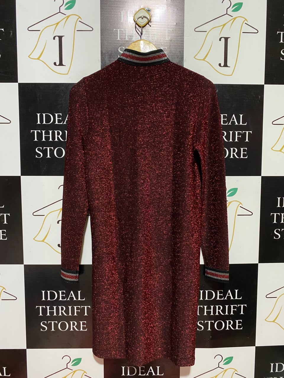VERO MODA |M| BUST 17| B36| WOMEN'S SHIMMERING SHIELD RED GLITTER MOCK NECK HALF-ZIP MINI DRESS WITH STRIPED CUFFS