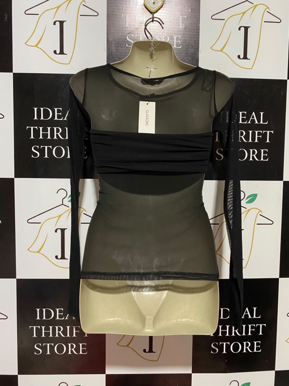 GLASSONS |XS| BUST 15| B36| CHIC BLACK LONG-SLEEVE MESH TOP WITH SWEETHEART RUCHED BUSTIER - SHEER BODYCON BLOUSE FOR WOMEN
