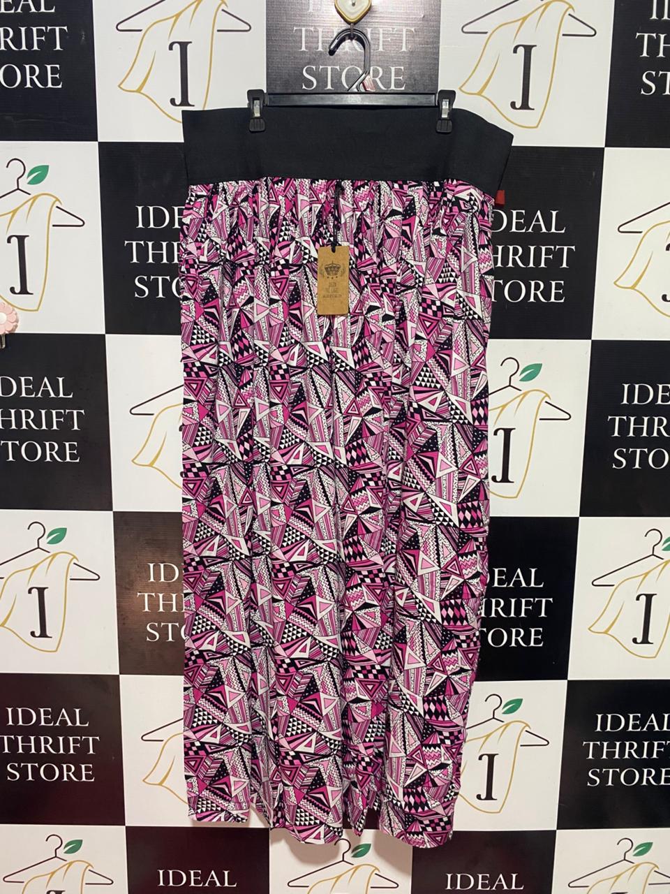 QUEEN THE LABLE |XXL| WAIST 40| B37| GEOMETRIC PRINT MAXI SKIRT - CHIC PINK AND BLACK HIGH-WAISTED FLOWY LONG SKIRT