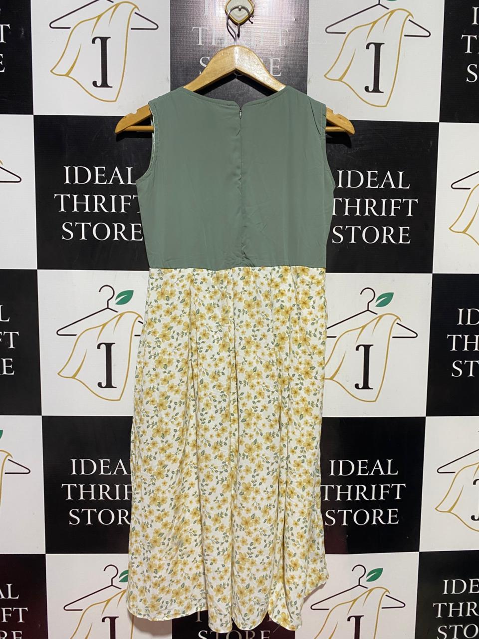 PEERLESS |M| BUST 17| B38| SAGE GREEN AND YELLOW FLORAL TWO-TONE MIDI DRESS