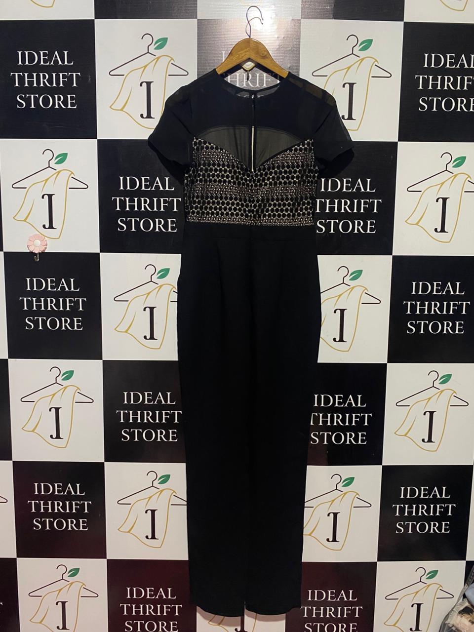 DOROTHY PERKINS |S| BUST 14| B38| ELEGANT BLACK JUMPSUIT WITH CROCHET LACE BODICE - SHORT SLEEVE SHEER DETAIL EVENINGWEAR