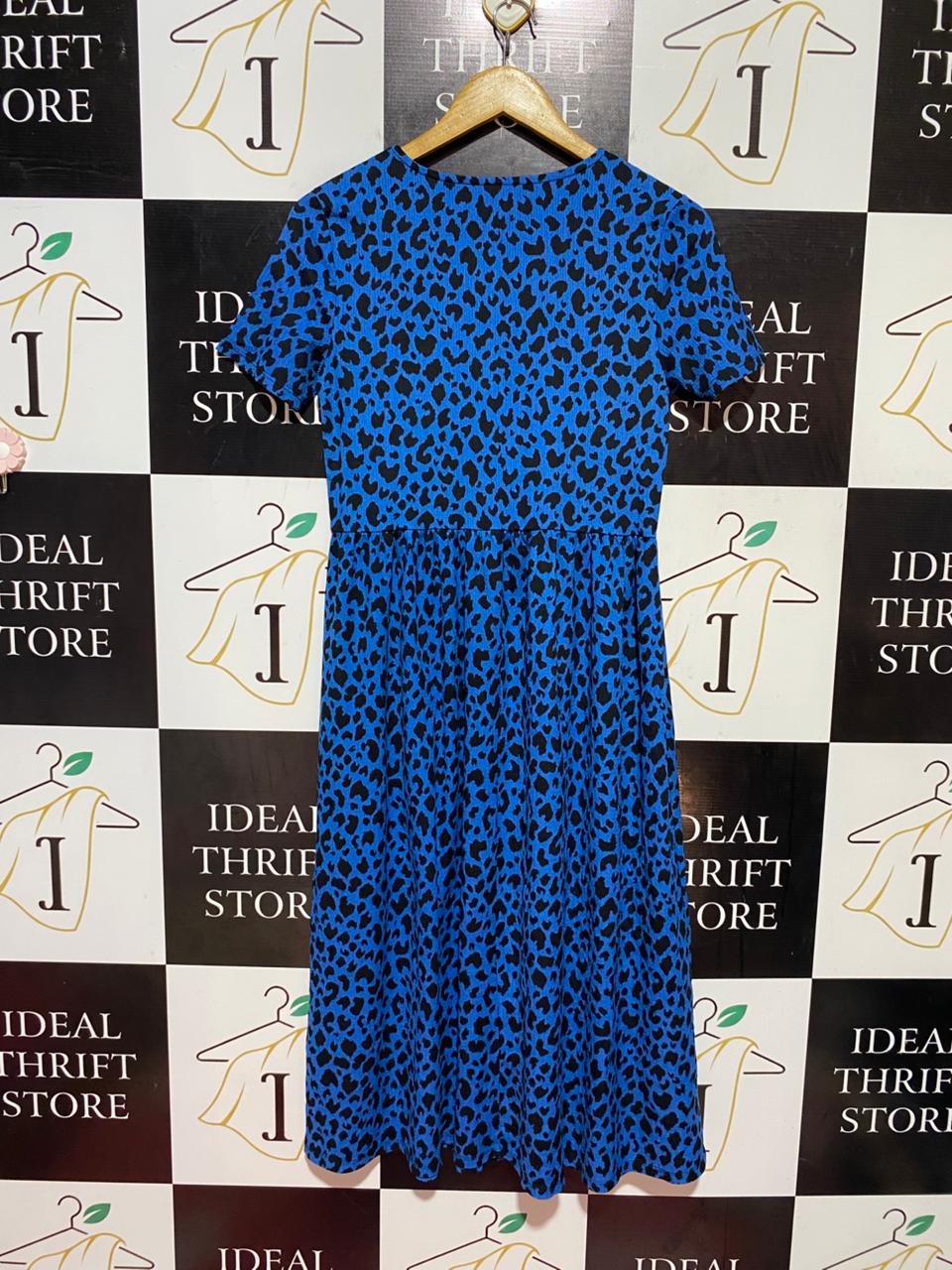 TU |M| BUST 16| B38| VIBRANT BLUE LEOPARD PRINT MIDI DRESS - CASUAL SHORT SLEEVE CREW NECK A-LINE DRESS
