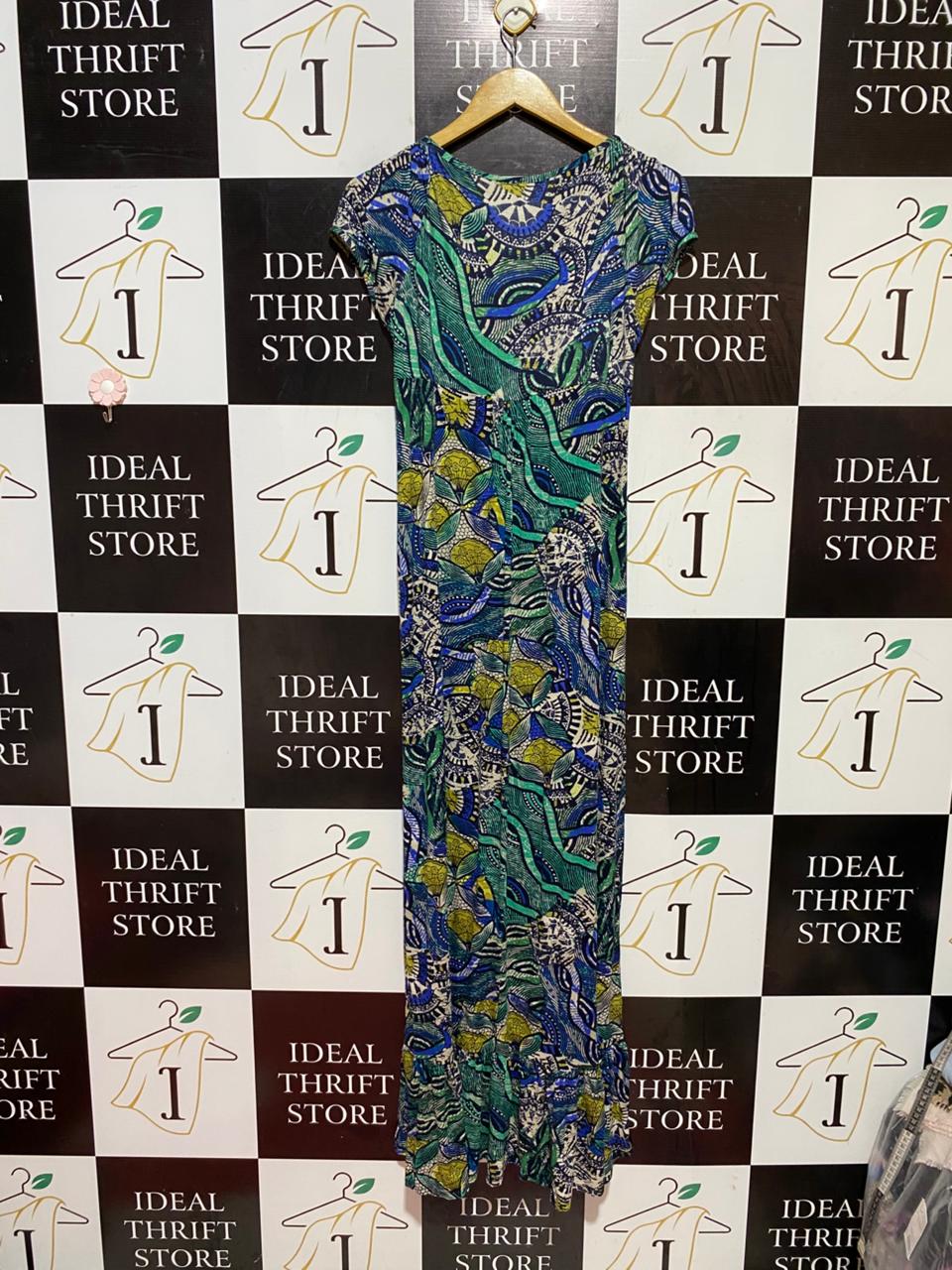 WALLIS |S| BUST 16| B38| BLUE AND GREEN SHORT SLEEVE SUMMER SUN_DRESS WITH FRONT TIE