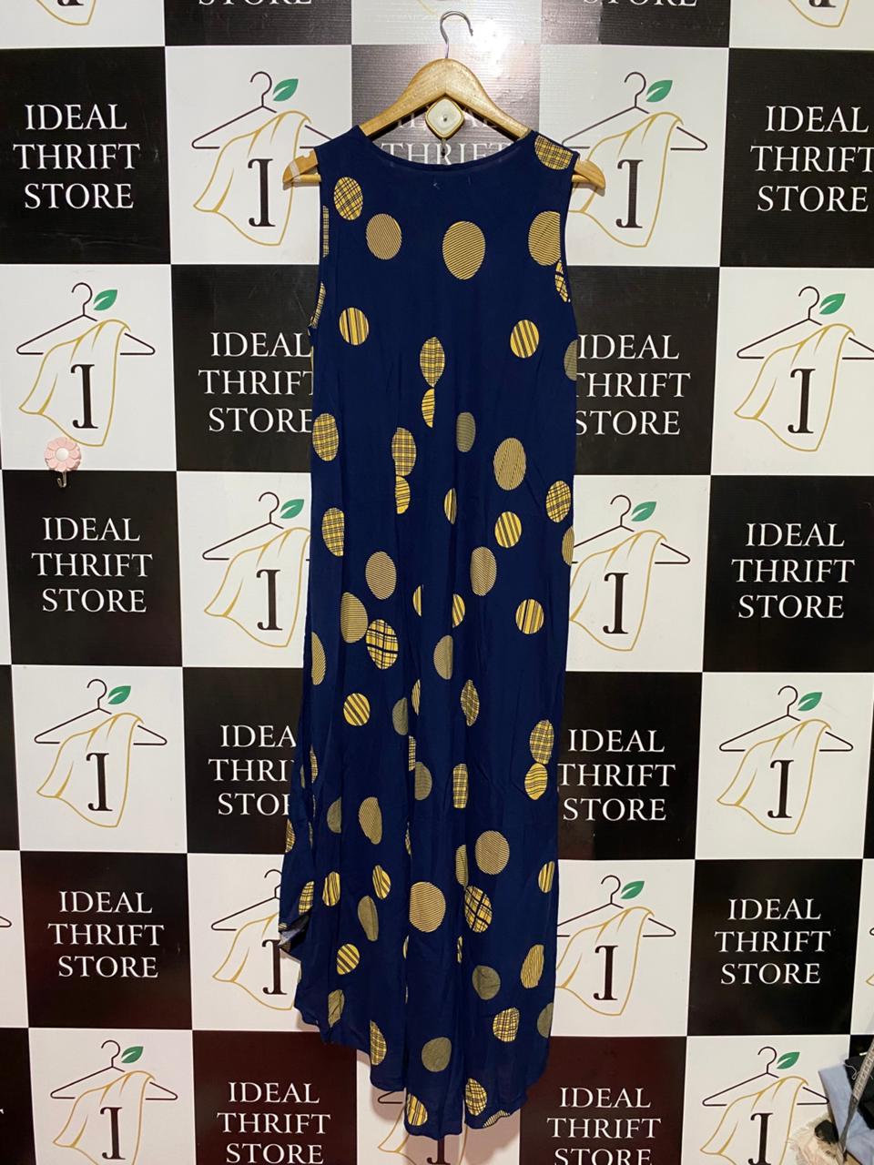 TAMSY |M| BUST 18| B39| DEEP NAVY SLEEVELESS MAXI DRESS WITH ABSTRACT YELLOW POLKA DOT PRINT