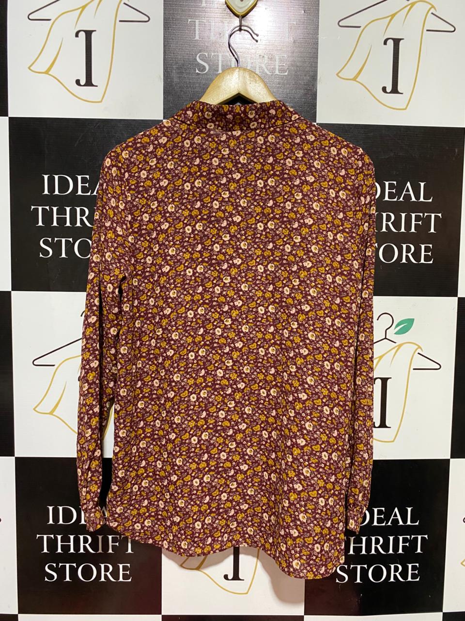 PRIMARK CARES |L| BUST 20| B40| BURGUNDY DITSY FLORAL PRINT BUTTON-DOWN LONG SLEEVE SHIRT
