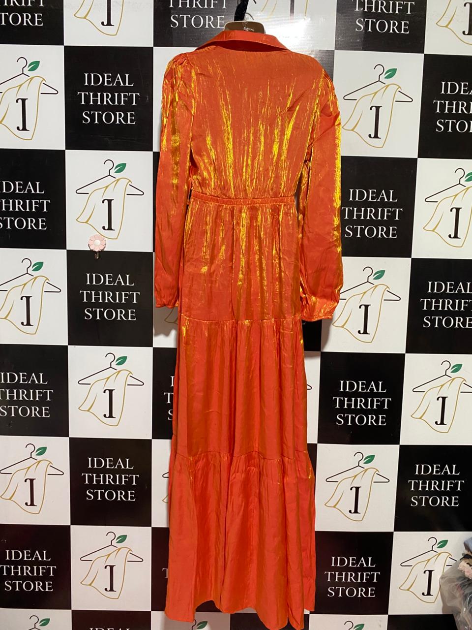FAERIESTY |M| BUST 18| B40| SHIMMERING METALLIC ORANGE TIERED MAXI DRESS LONG SLEEVE BUTTONFRONT PARTY GOWN