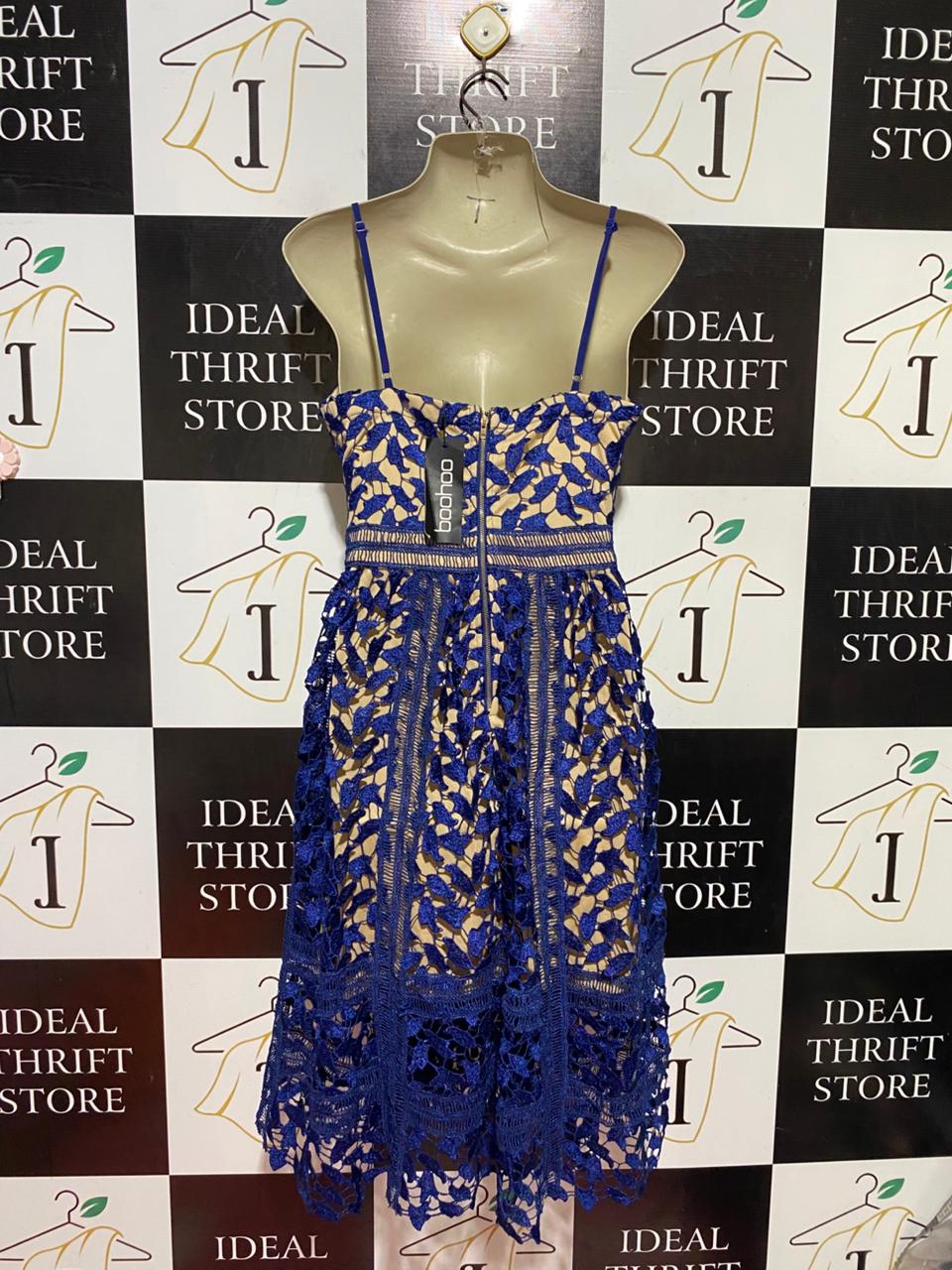 BOOHOO |S| BUST 16| B40| ROYAL BLUE HOLLOW-OUT OVERLAY MIDI DRESS SPAGHETTI STRAP PARTY WEAR